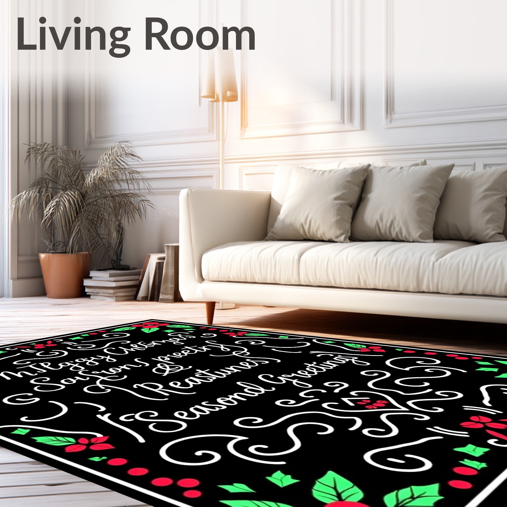 Christmassy Red Green Holly Calligraphy Rug