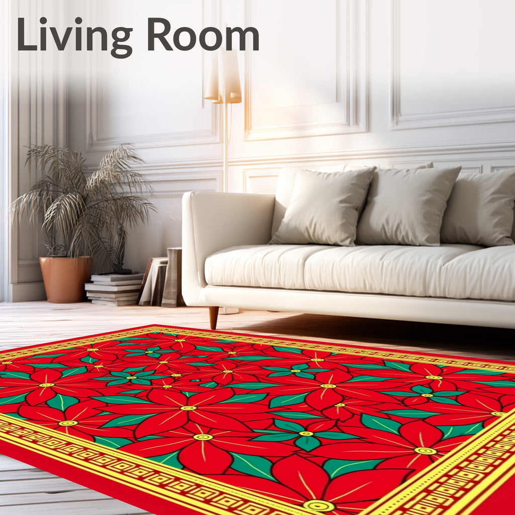 Vibrant Red Poinsettia Floral Border Rug