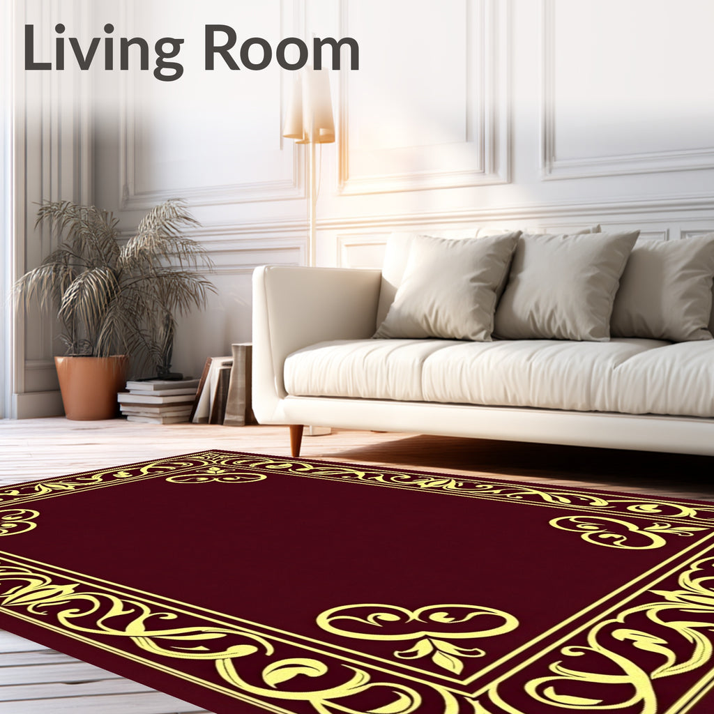 Rich Burgundy Golden Scroll Border Rug