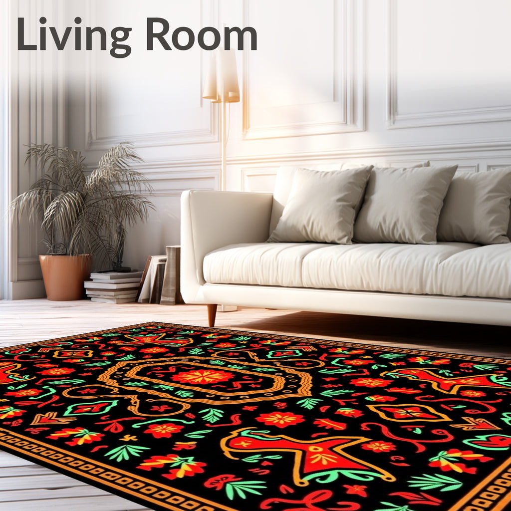 Vibrant Black Red Floral Medallion Rug