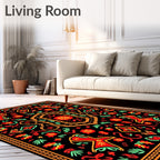 Vibrant Black Red Floral Medallion Rug