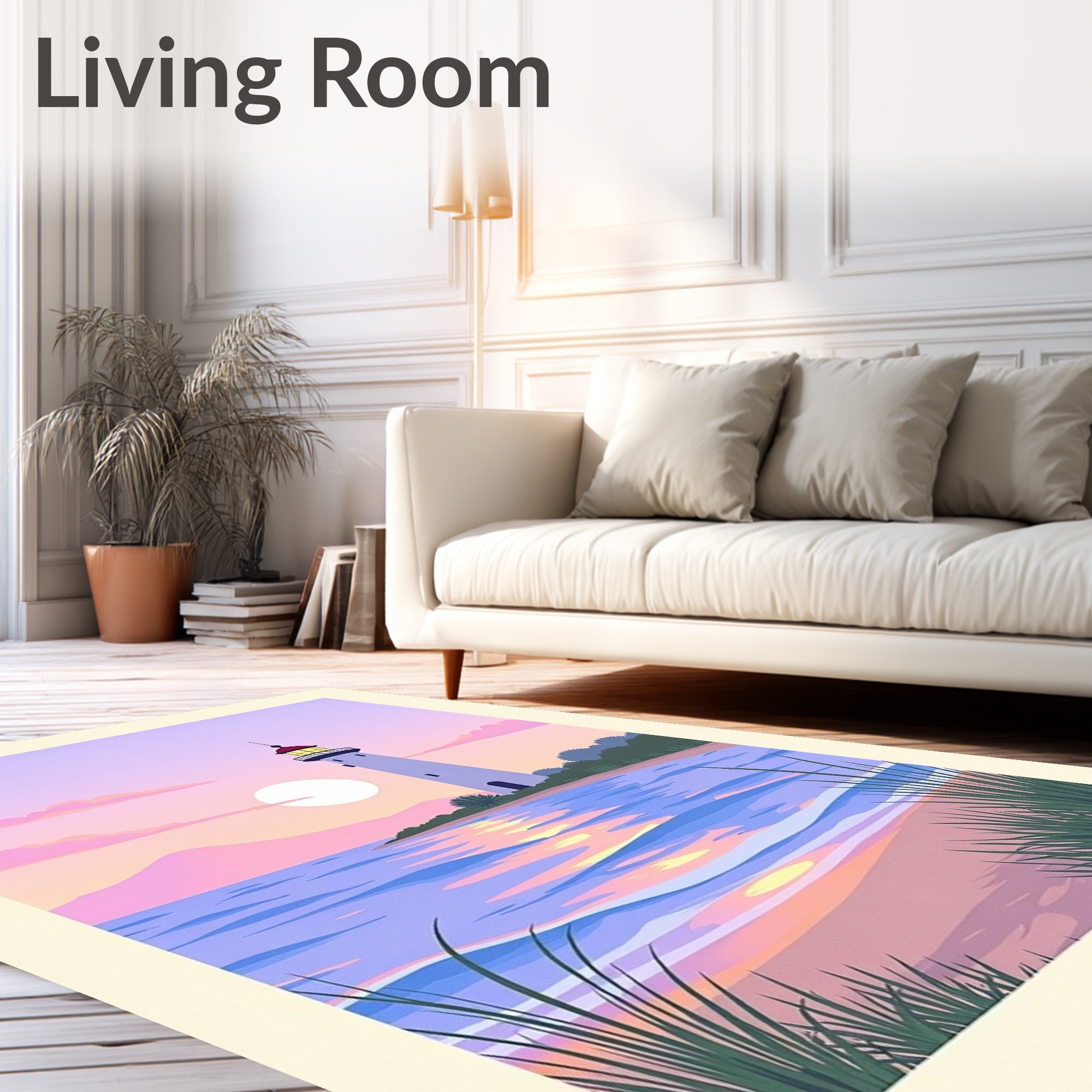Coastal Lighthouse Sunset Pastel Rug