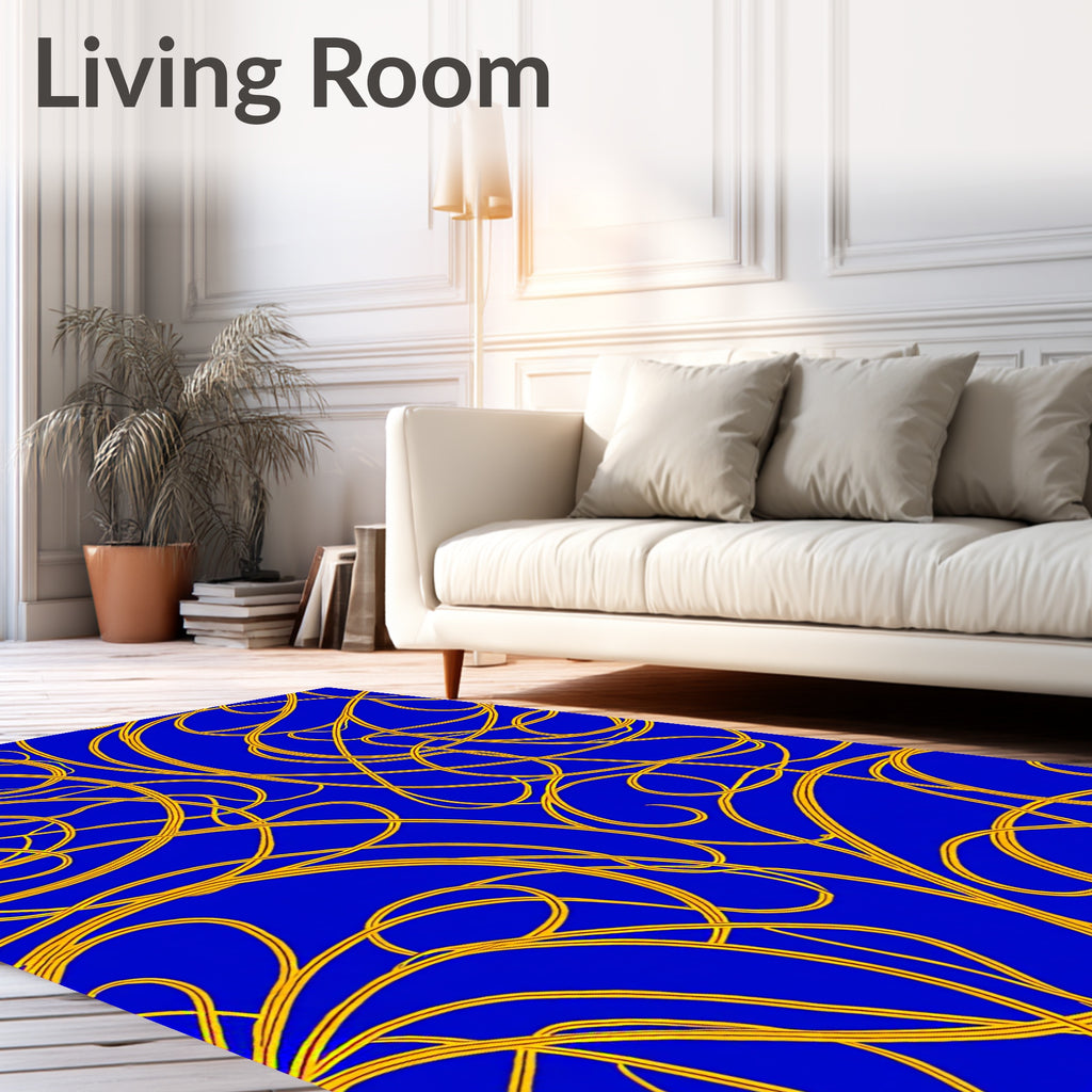 Bold Blue Gold Swirling Lines Rug