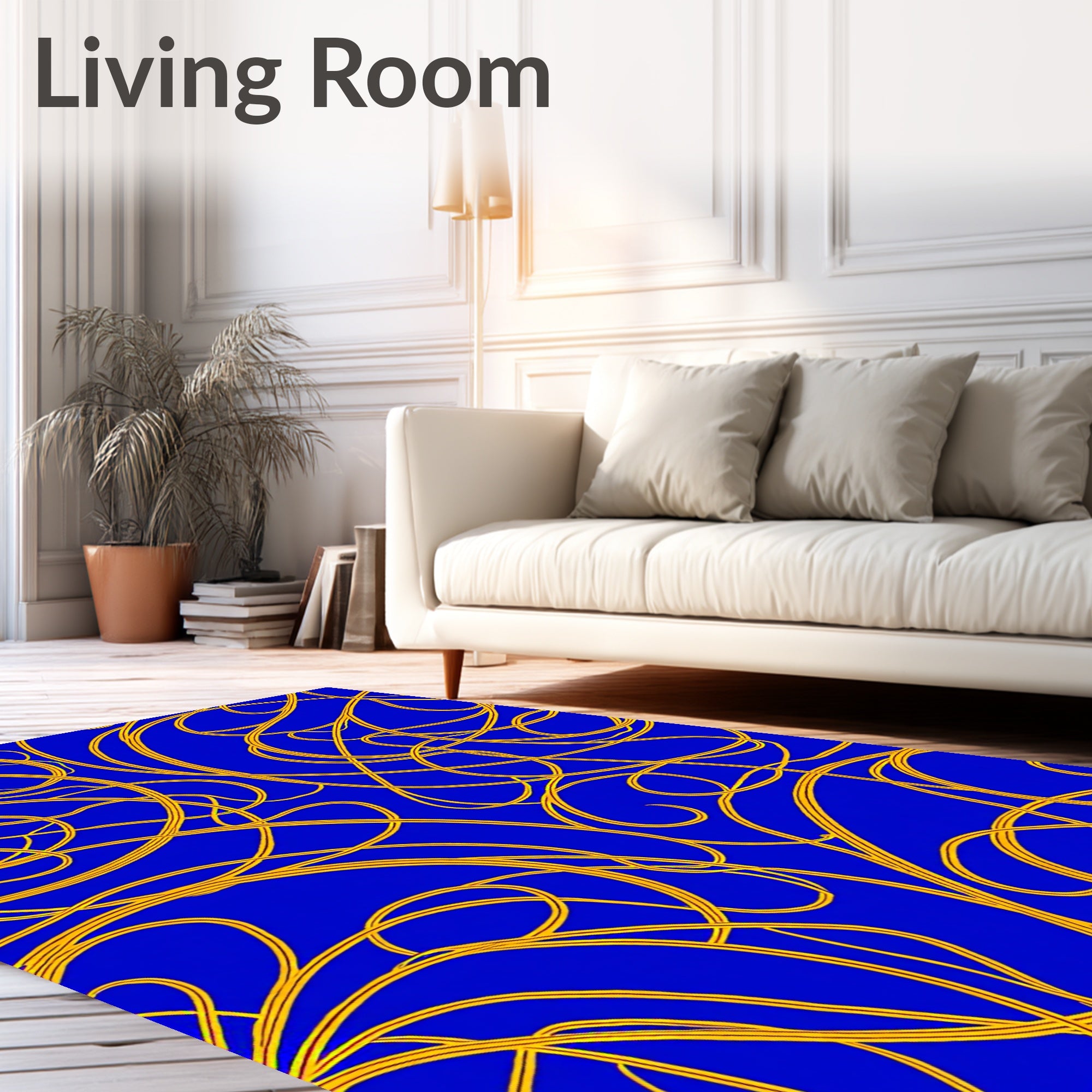 Bold Blue Gold Swirling Lines Rug