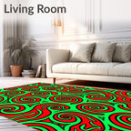 Vibrant Red Swirls Green Background Rug