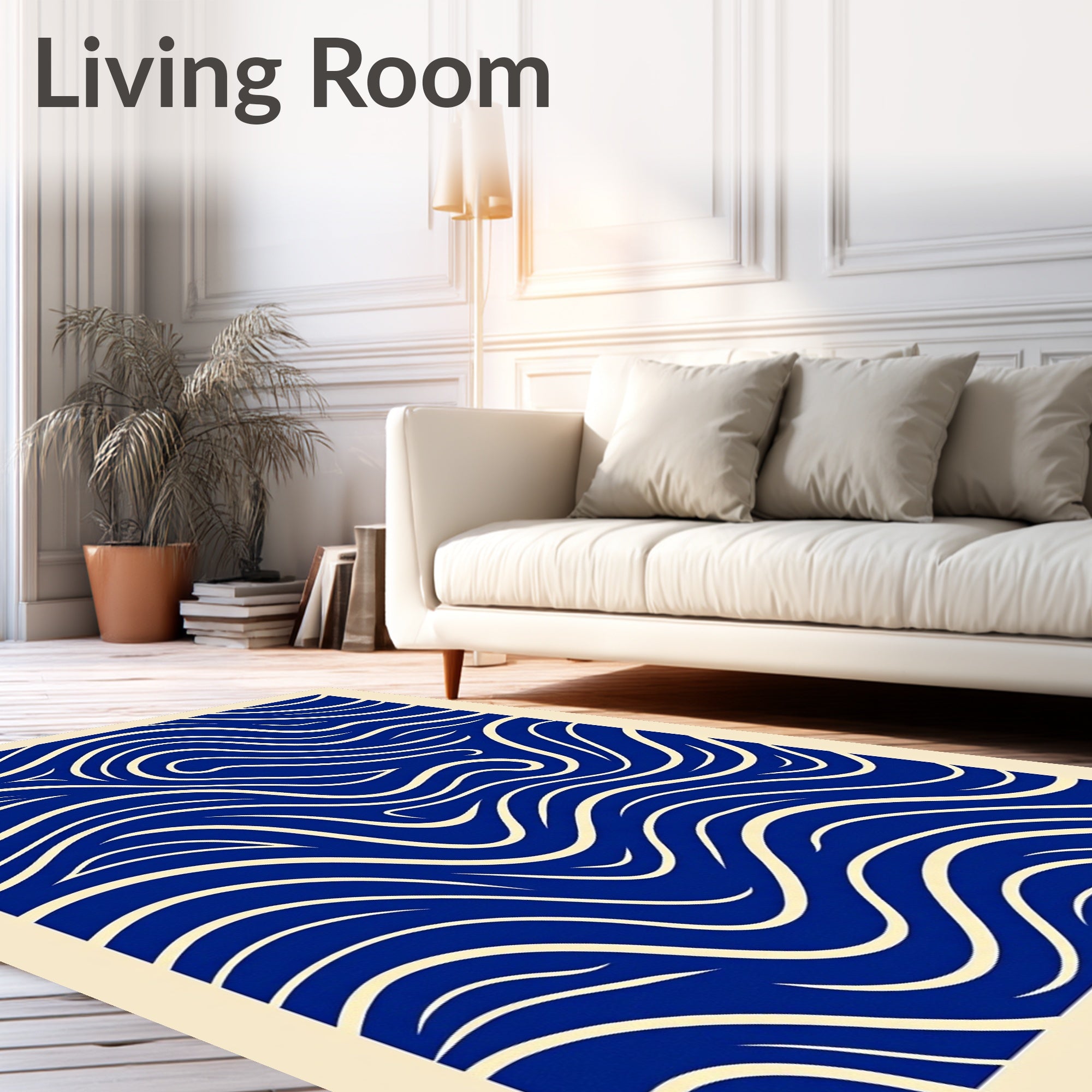 Deep Blue Cream Flowing Lines Rug