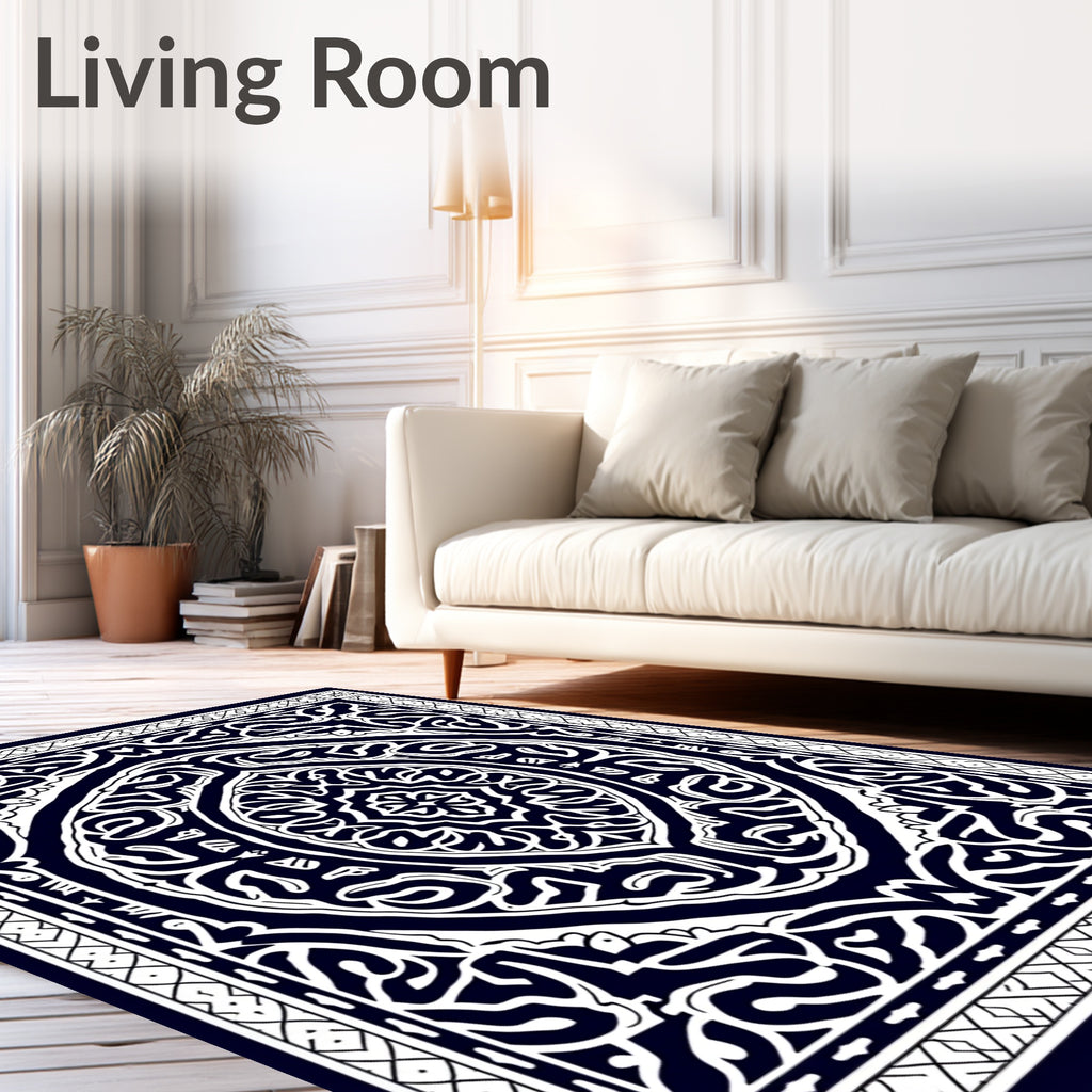Dark Blue White Intricate Mandala Rug