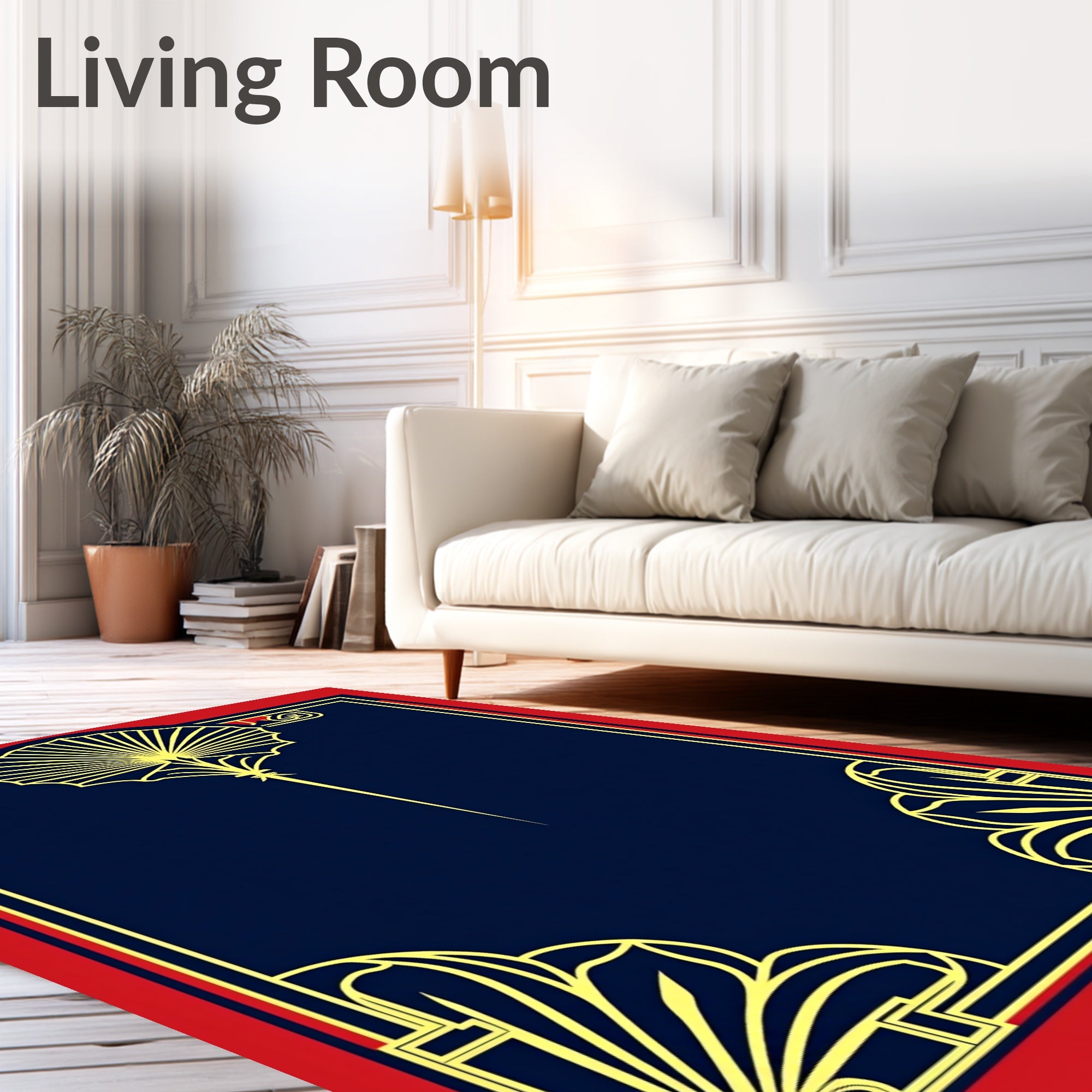 Navy Gold Art Deco Fan Border Rug