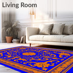 Electric Blue Orange Floral Medallion Scroll Rug