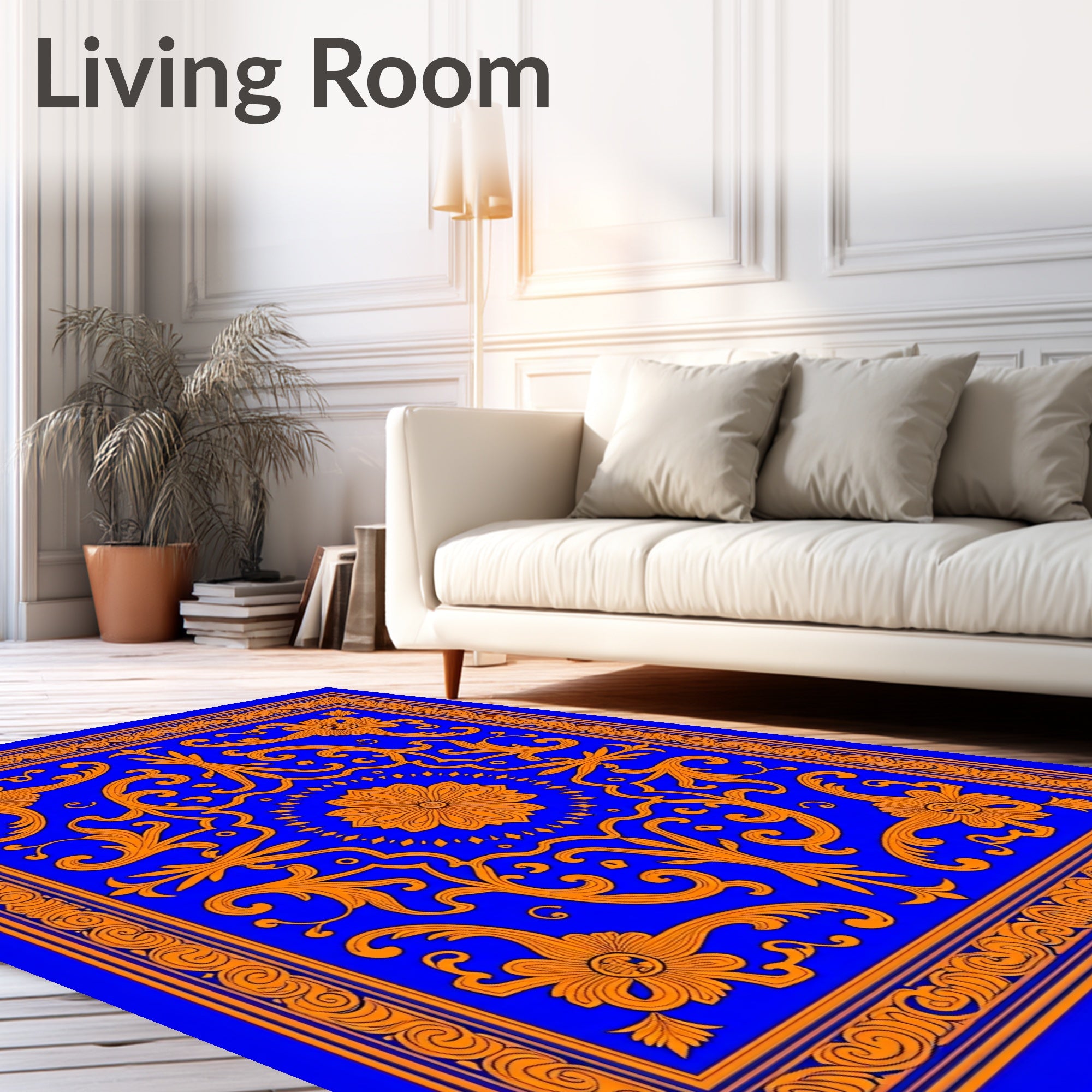 Electric Blue Orange Floral Medallion Scroll Rug