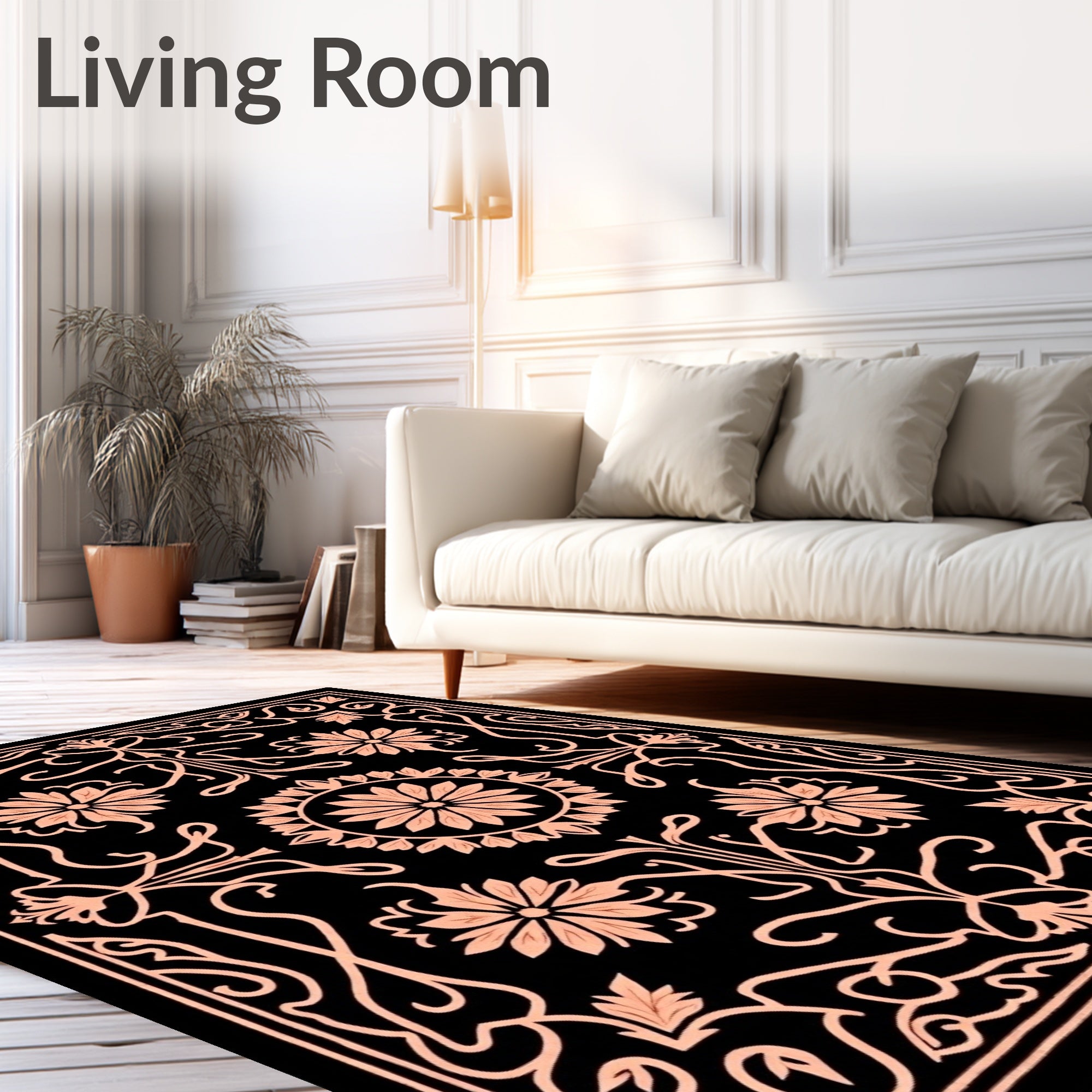 Black Coral Floral Tassel Border Rug