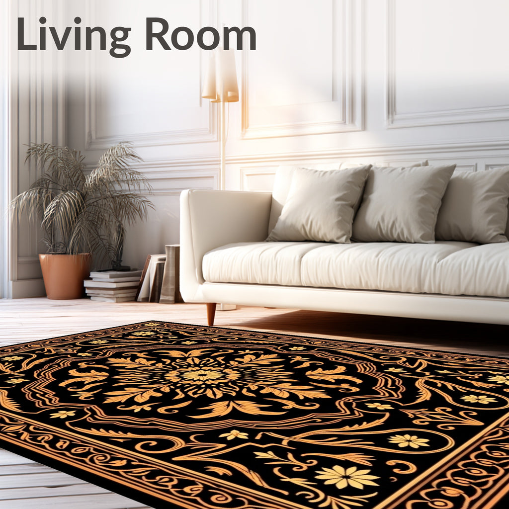 Ornate Golden Floral Medallion Black Rug