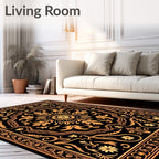 Ornate Golden Floral Medallion Black Rug