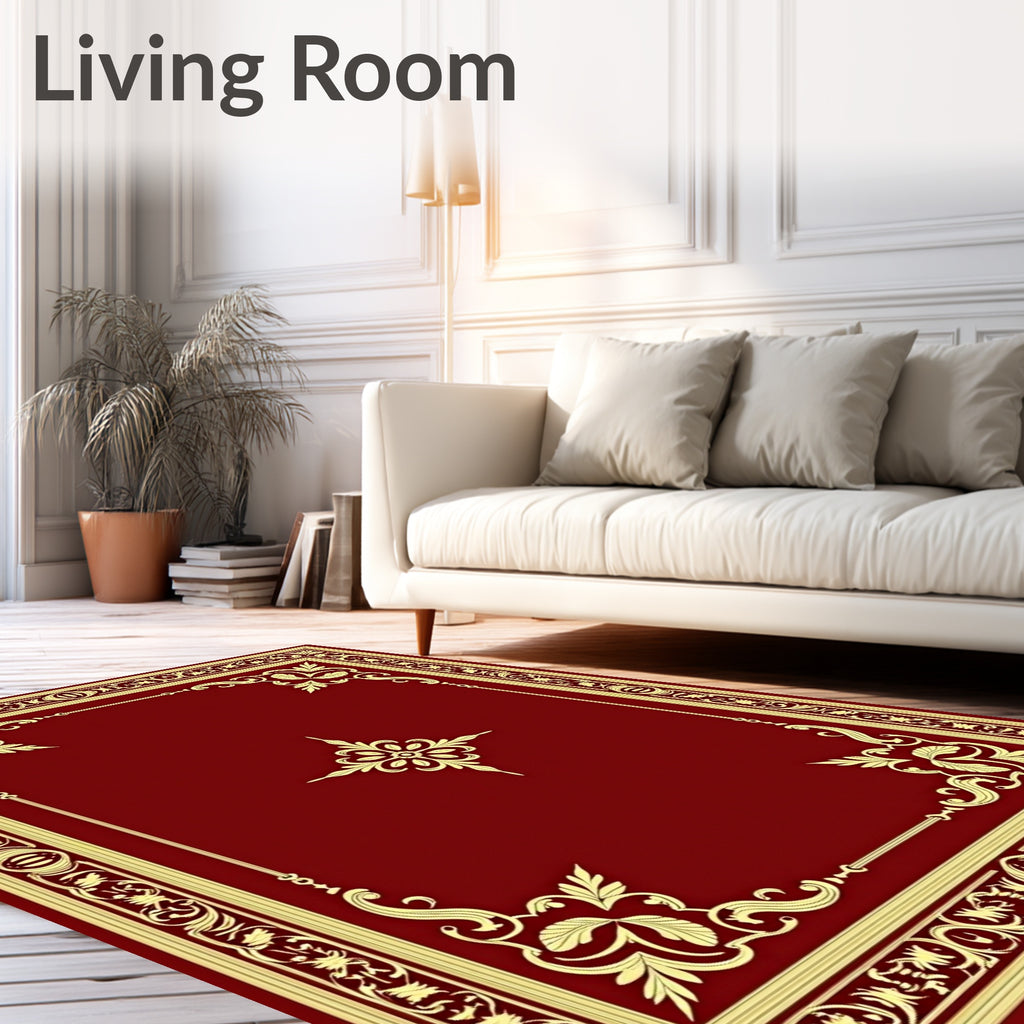Regal Burgundy Gold Floral Scroll Rug