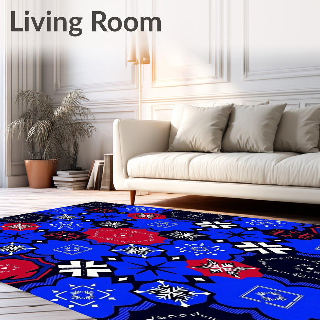 Bold Blue Red Geometric Floral Medallion Rug