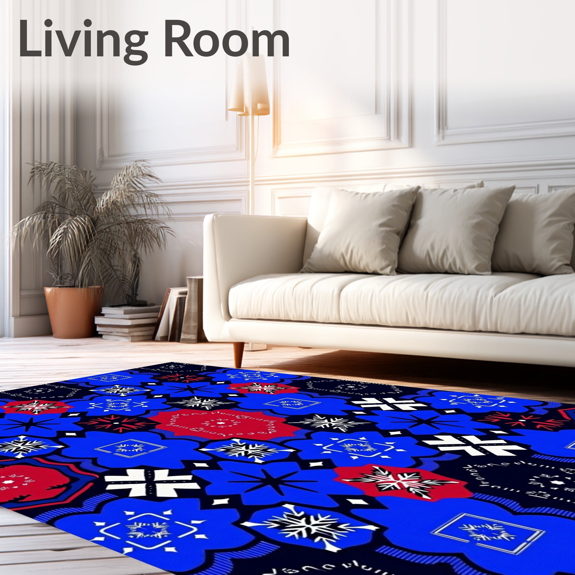 Bold Blue Red Geometric Floral Medallion Rug