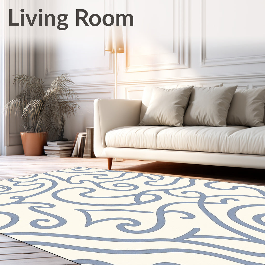 Cream Blue Swirling Abstract Lines Rug