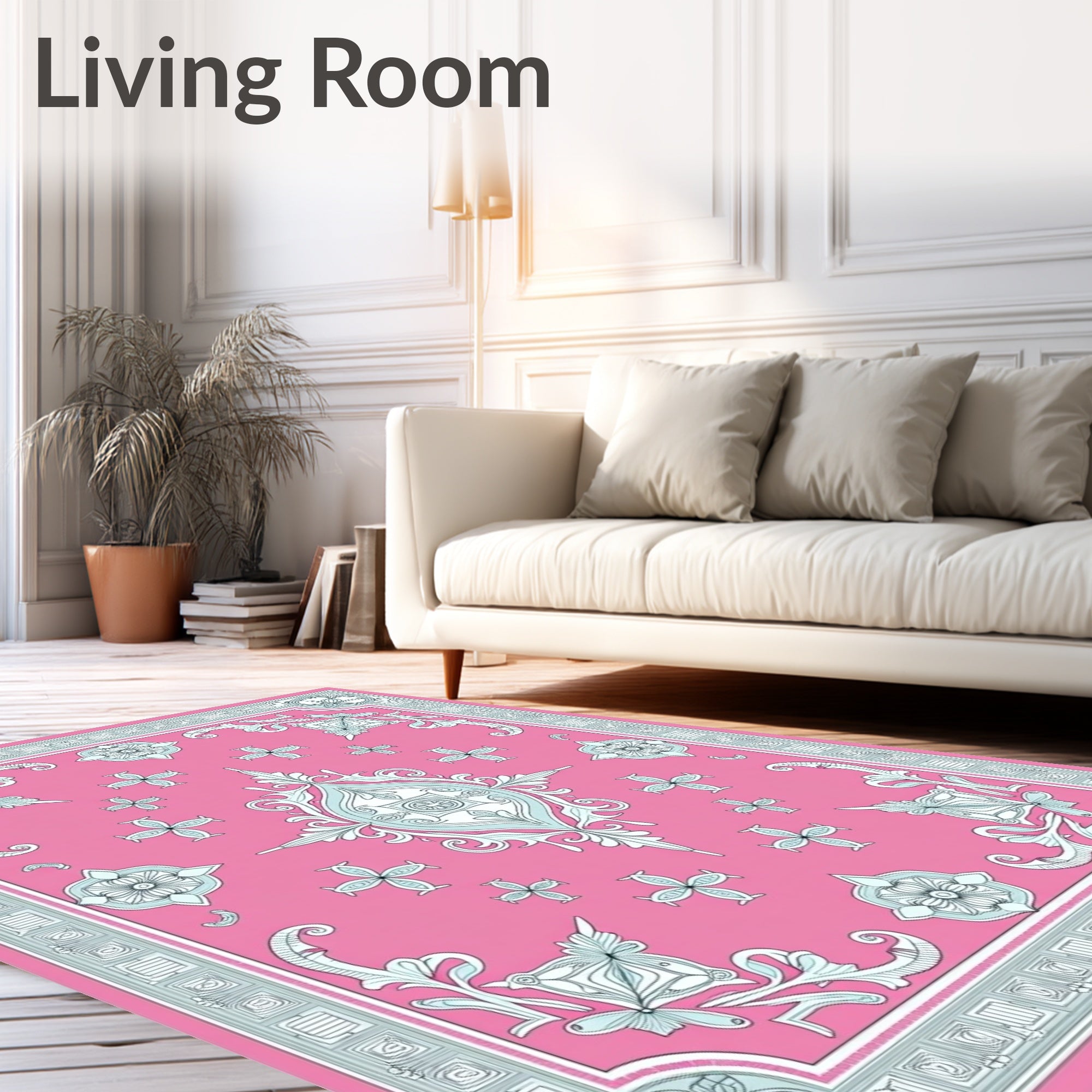 Vibrant Pink Floral Medallion Frame Rug