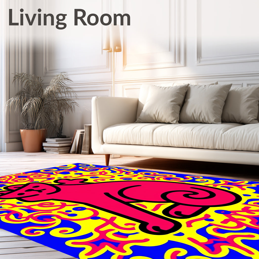 Vibrant Pink Cat Yellow Swirls Blue Rug