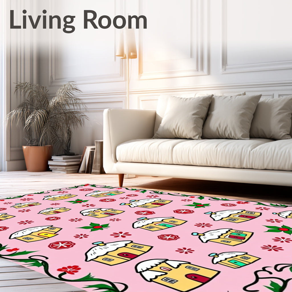 Whimsical Yellow Houses Snowflakes Border Rug