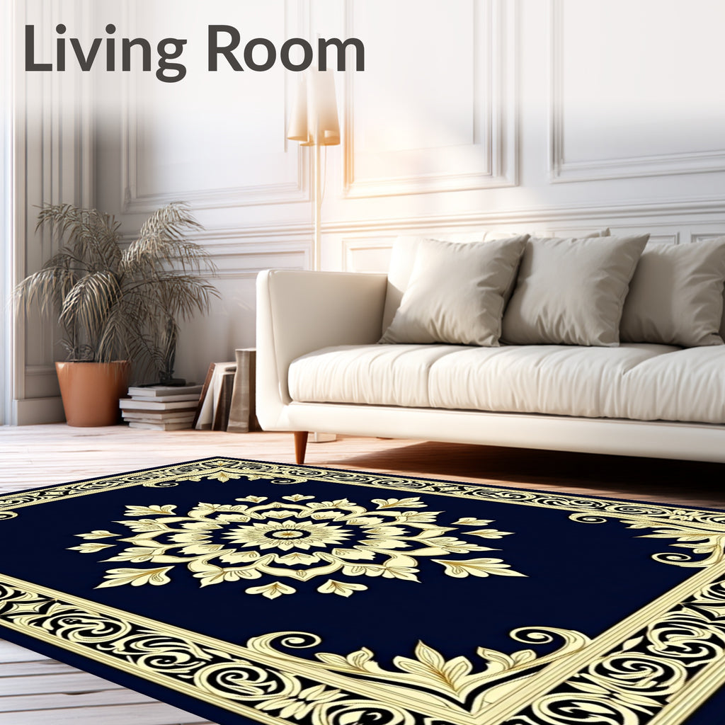 Classic Navy Golden Floral Medallion Rug
