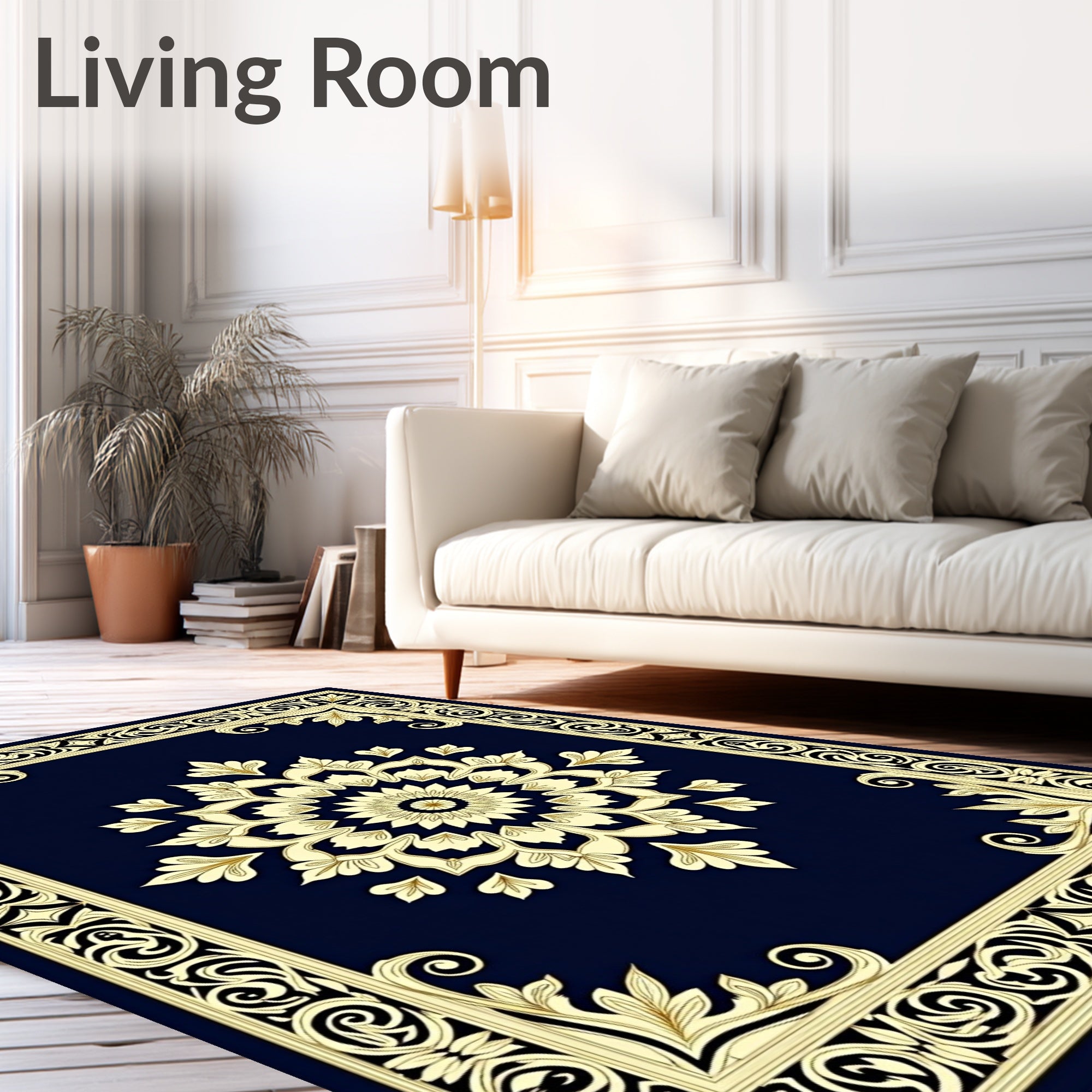Classic Navy Golden Floral Medallion Rug