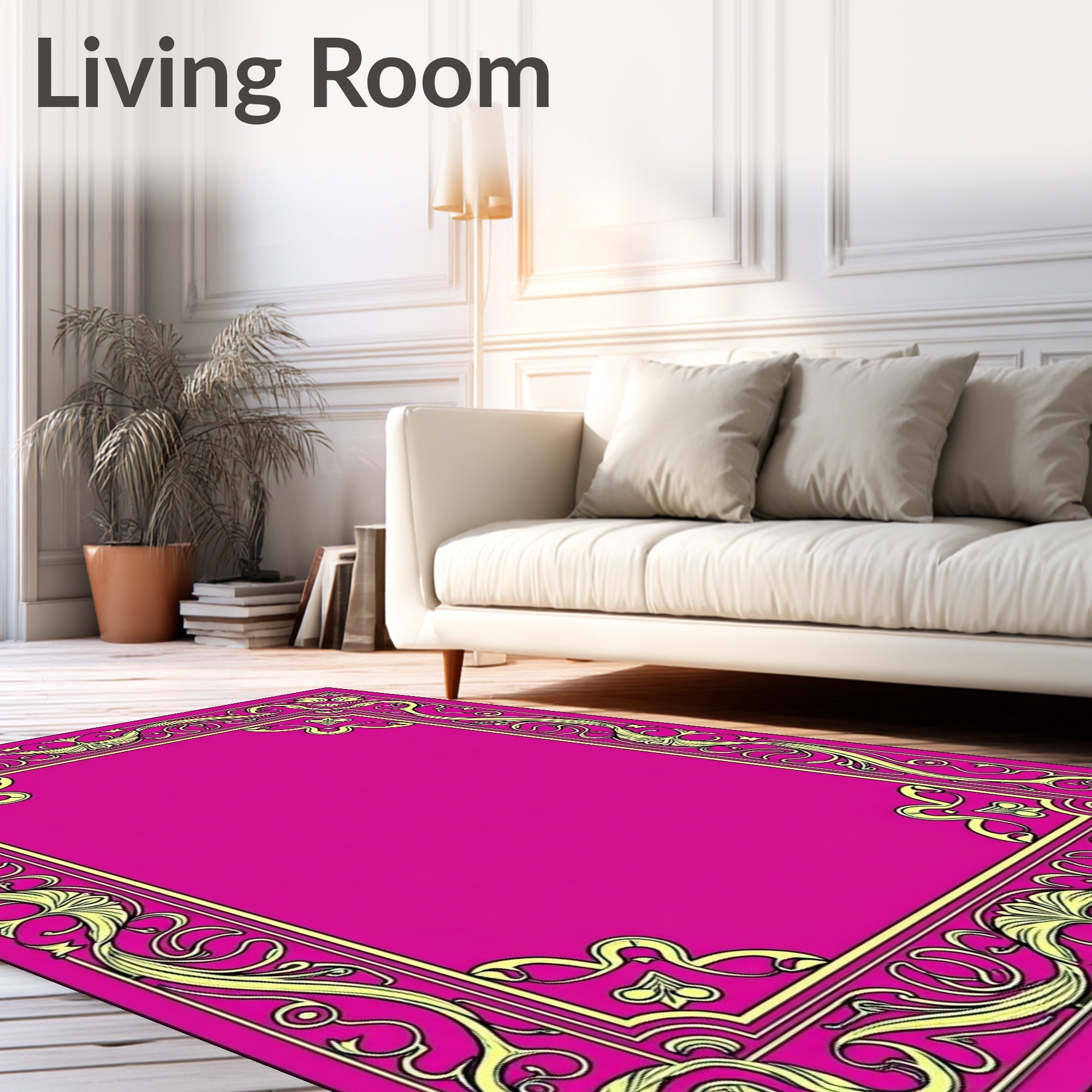 Vibrant Magenta Floral Scroll Frame Rug