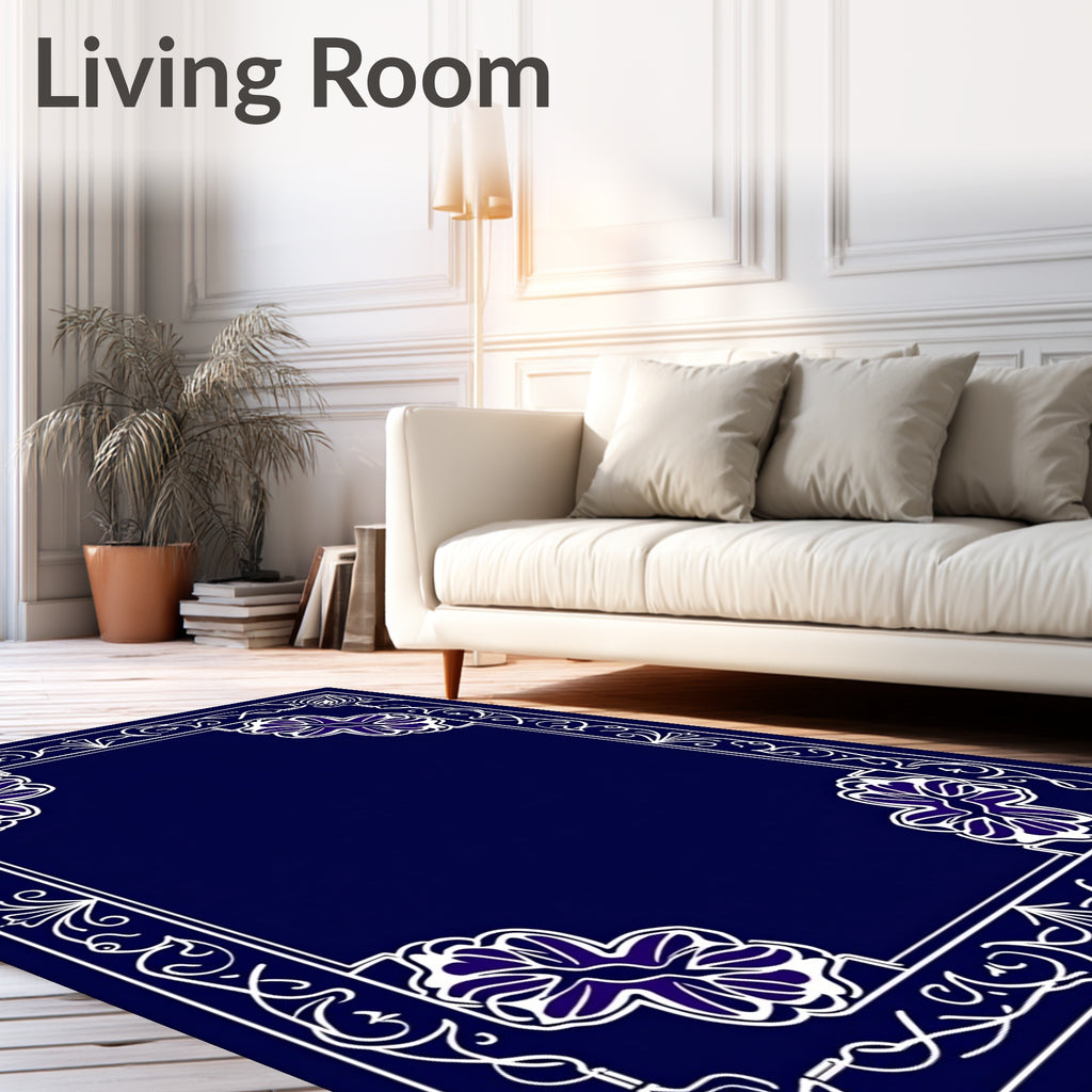 Deep Blue Floral Corner Border Rug