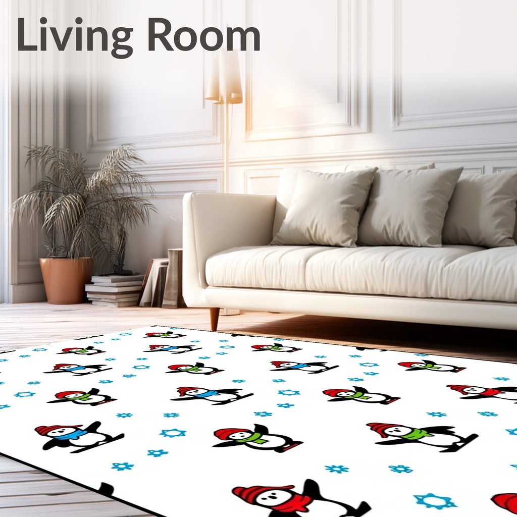 Whimsical Penguins With Snowflakes Theme Rug