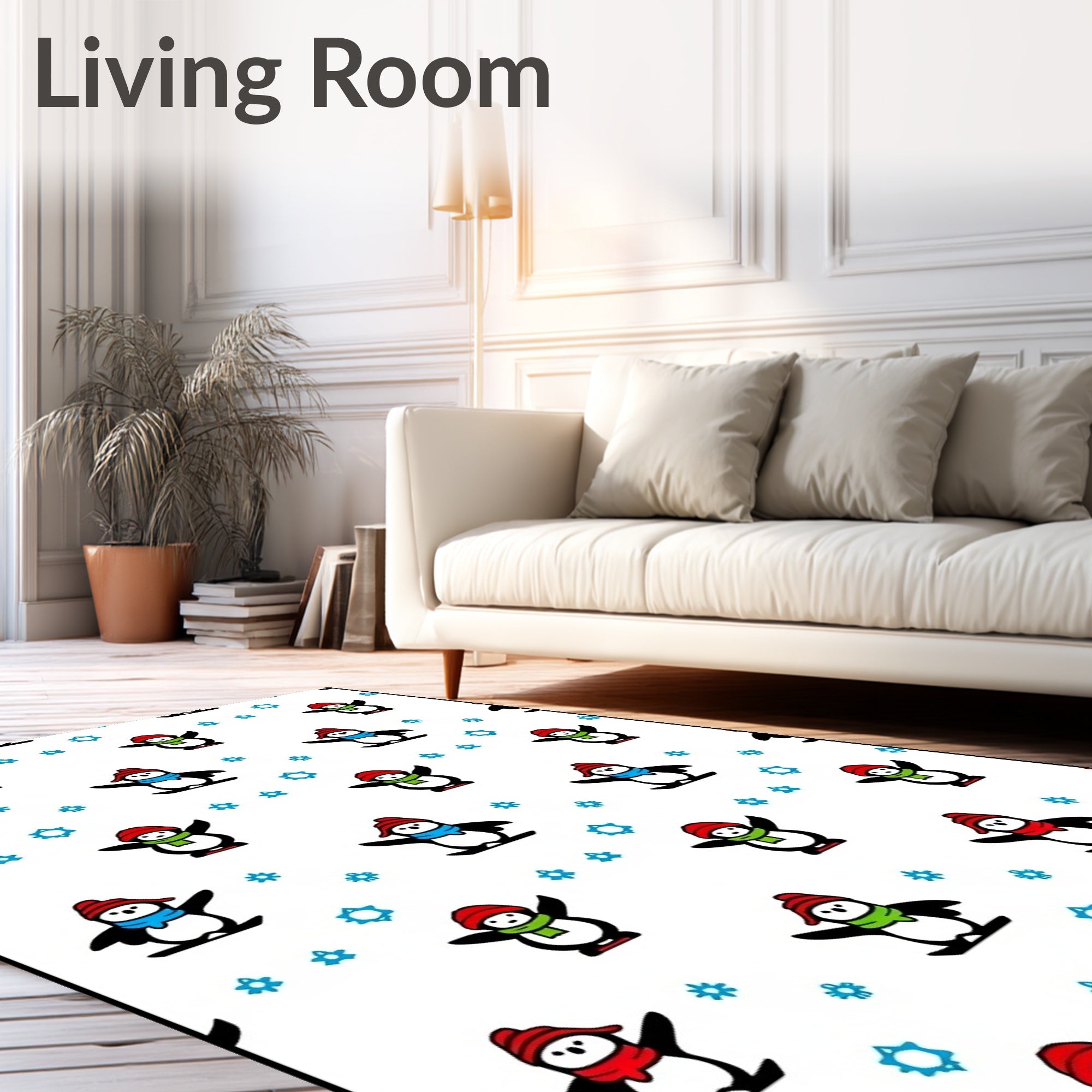 Whimsical Penguins With Snowflakes Theme Rug