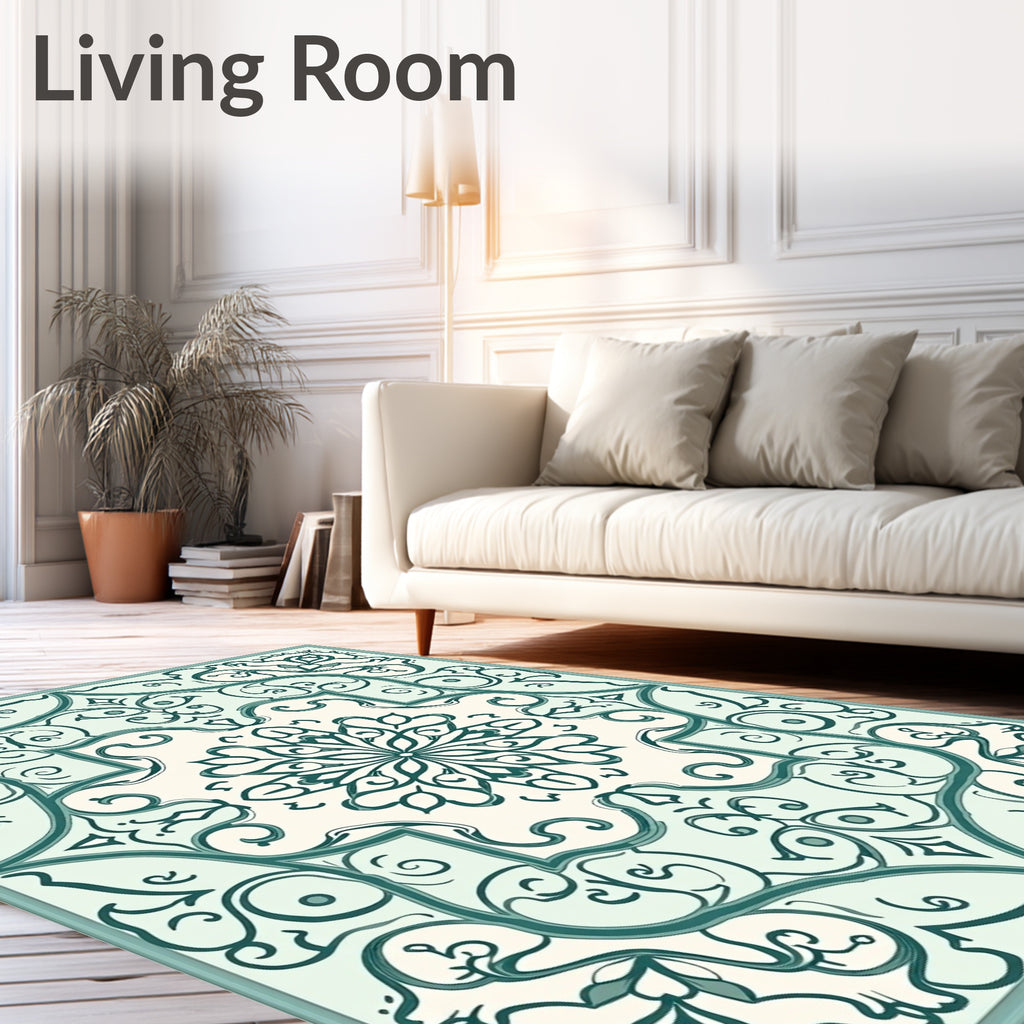 Teal Floral Scrollwork Tile Rug