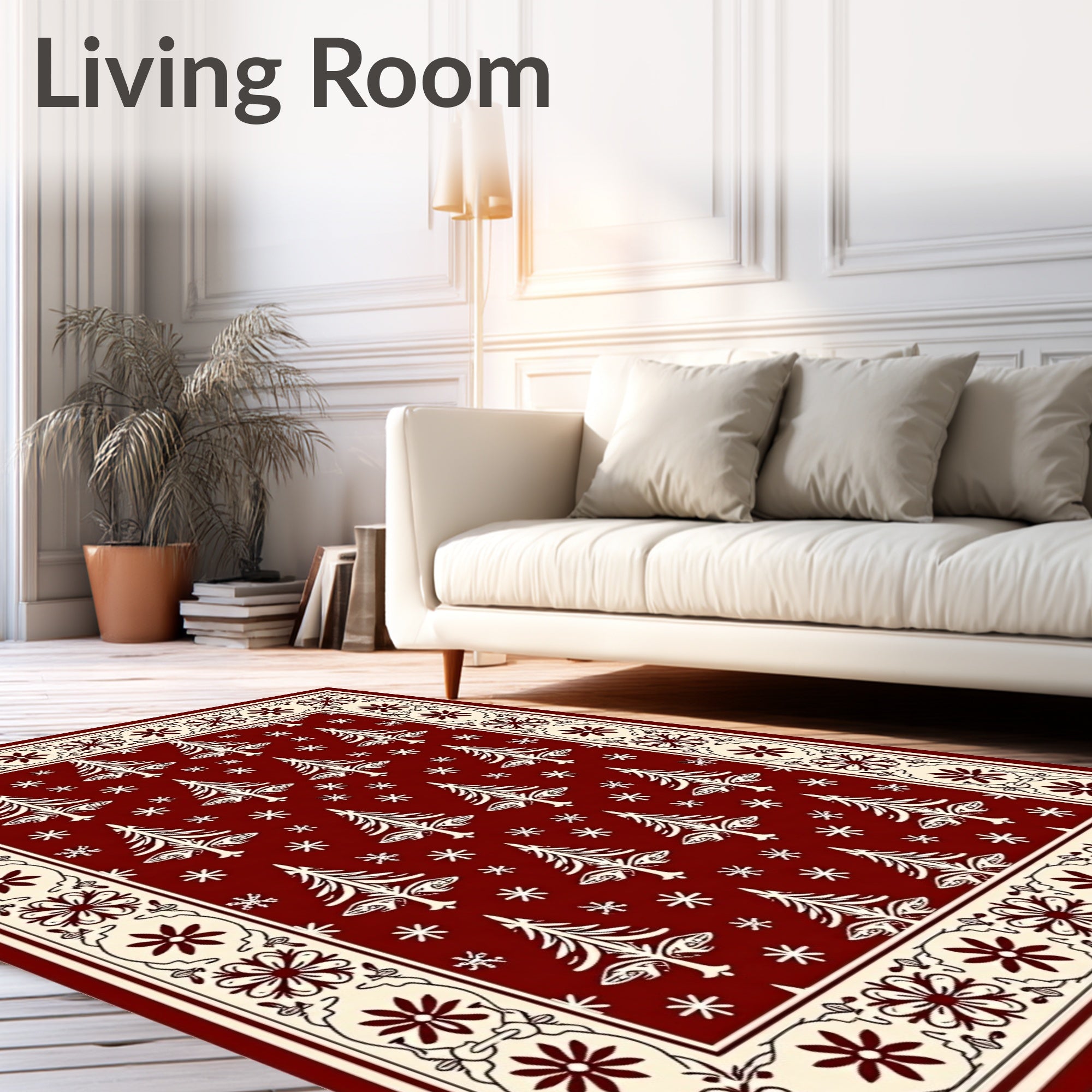 Crimson White Tree Snowflake Border Rug