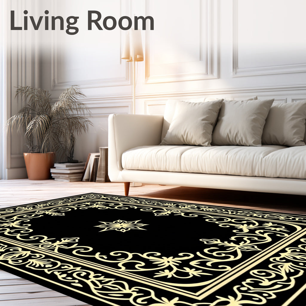 Ornate Golden Floral Frame Medallion Rug