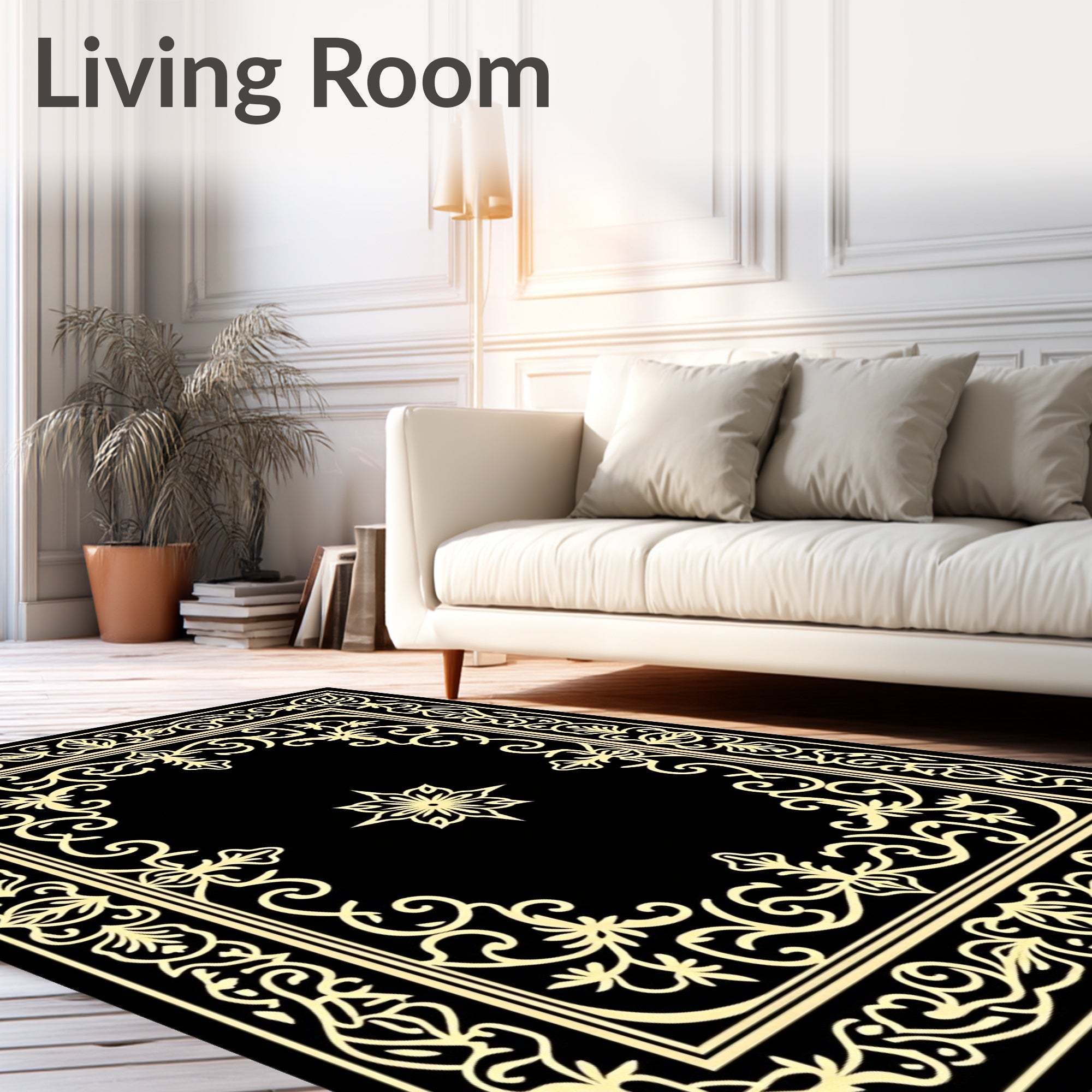 Ornate Golden Floral Frame Medallion Rug