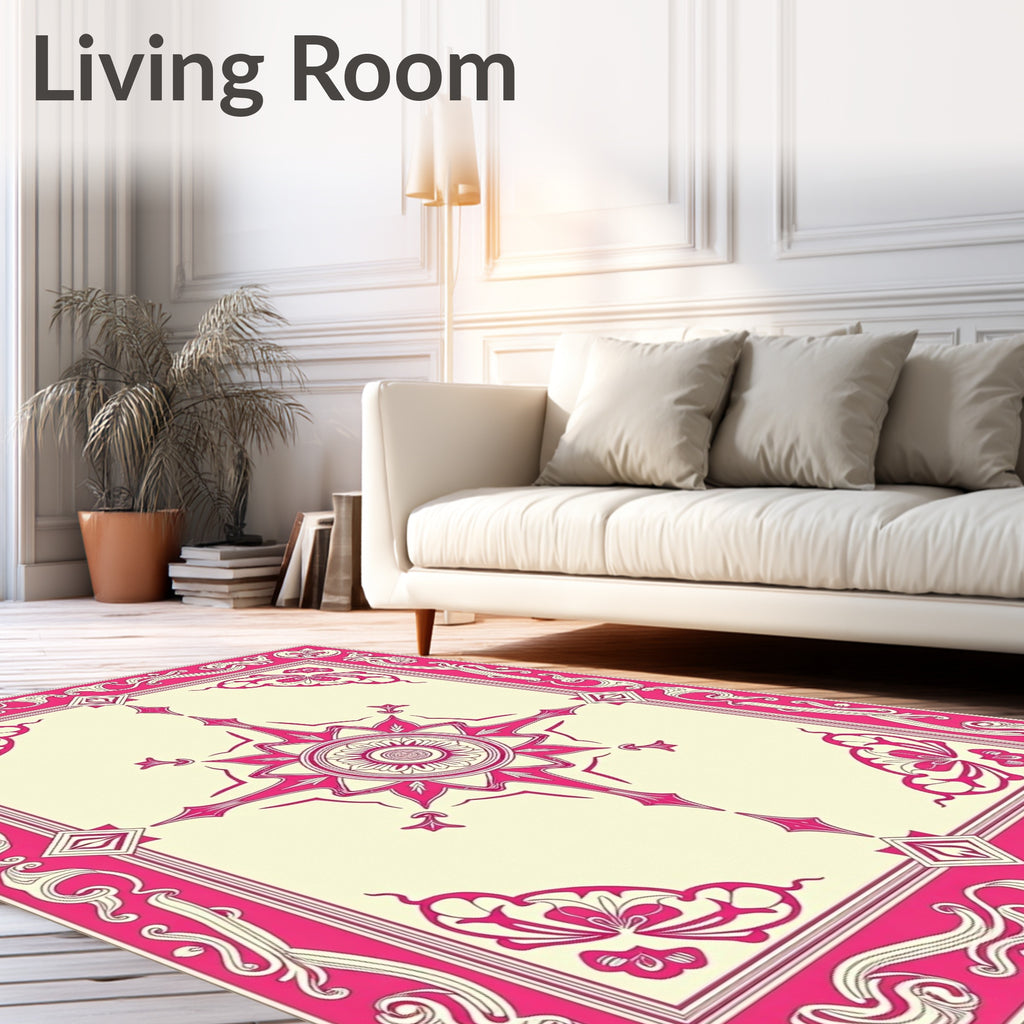 Ornate Pink Butterfly Medallion Cream Rug