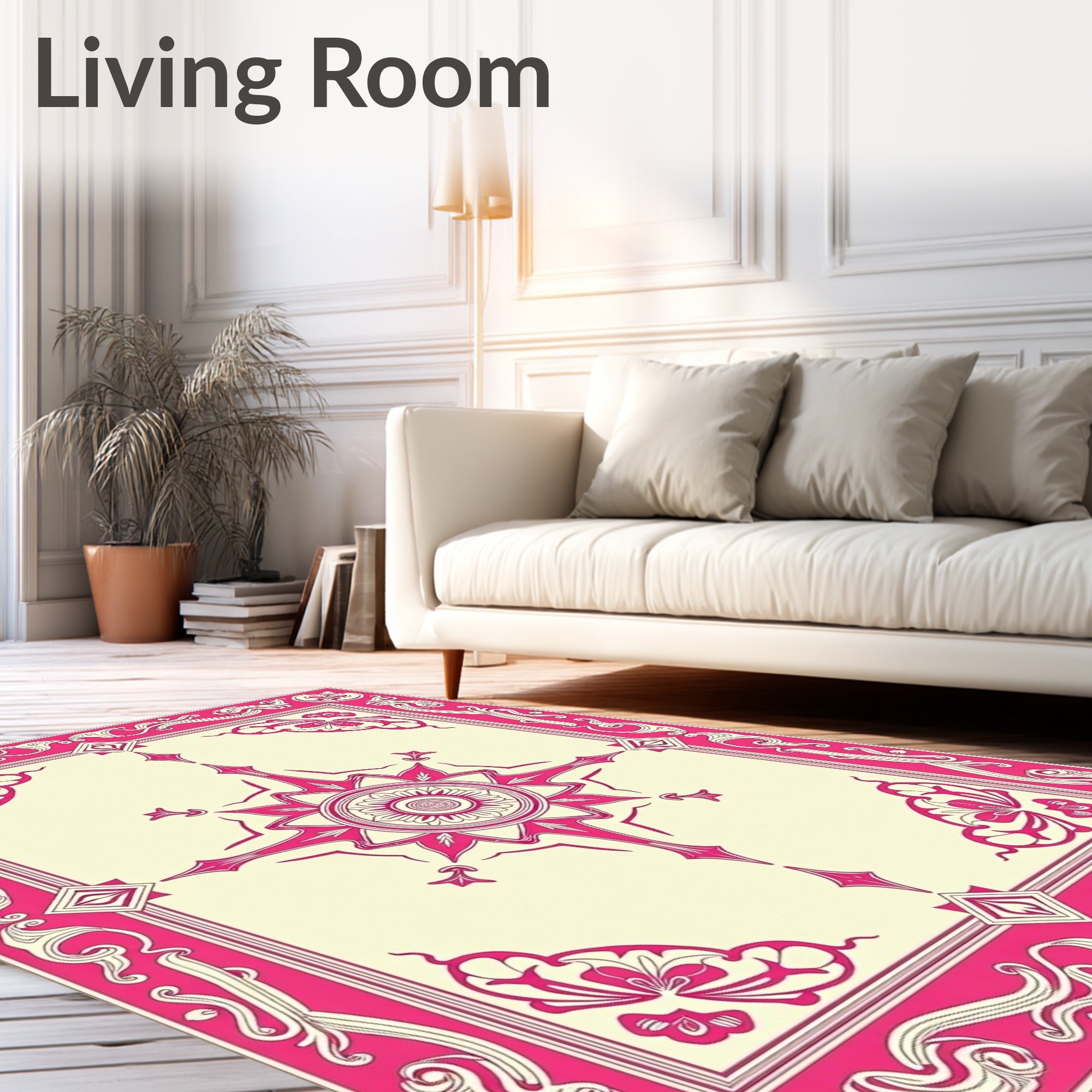 Ornate Pink Butterfly Medallion Cream Rug