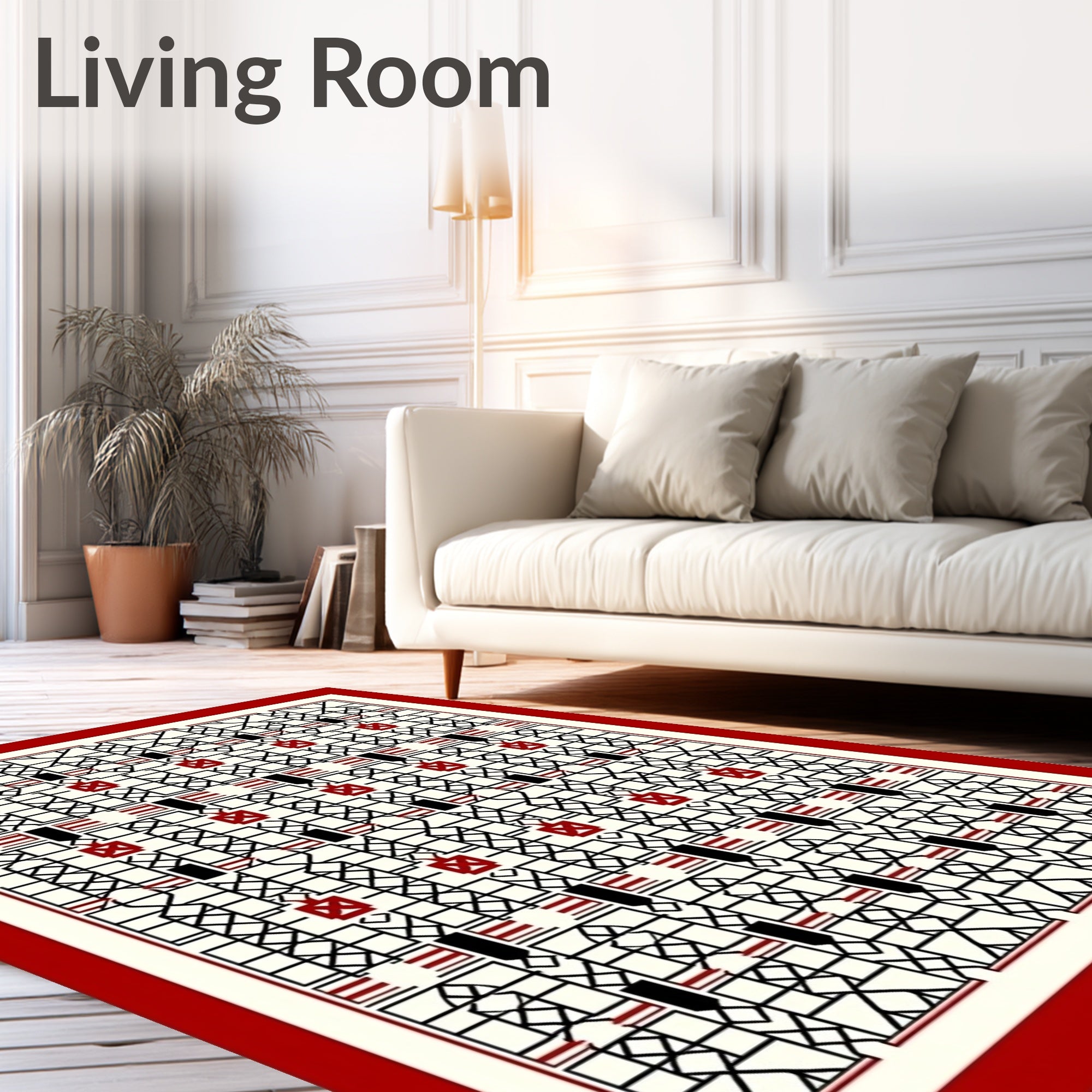 Geometric Lattice Red Black Cream Rug