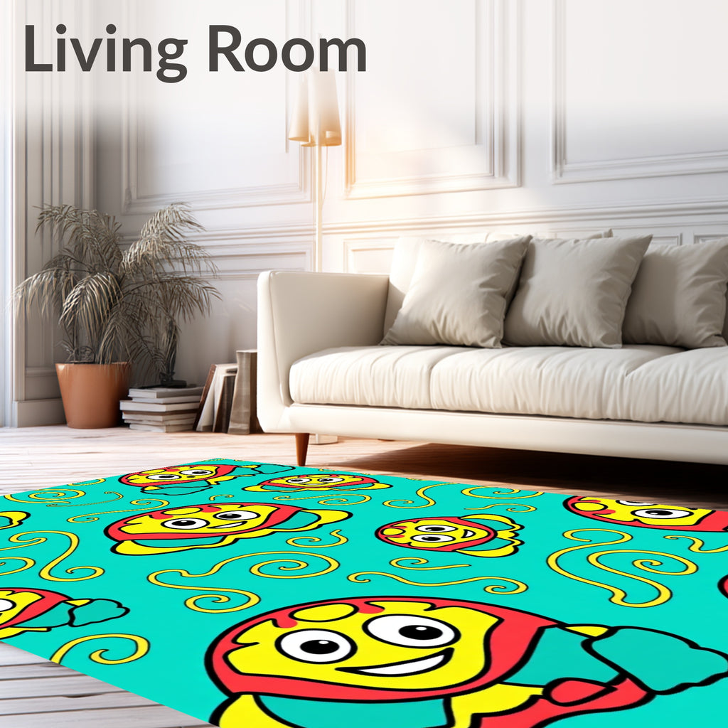 Whimsical Cartoon Characters on Teal Background Rug