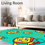 Whimsical Cartoon Characters on Teal Background Rug