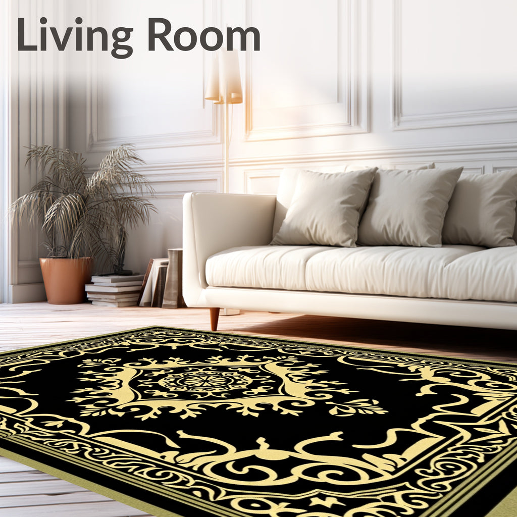 Black and Gold Ornate Medallion Rug