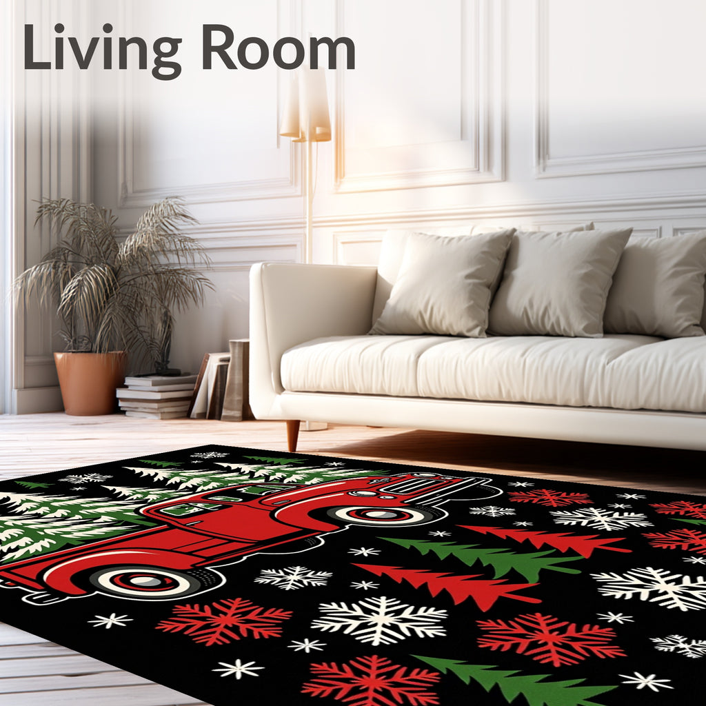 Vintage Red Truck Christmas Trees Snowflakes Rug
