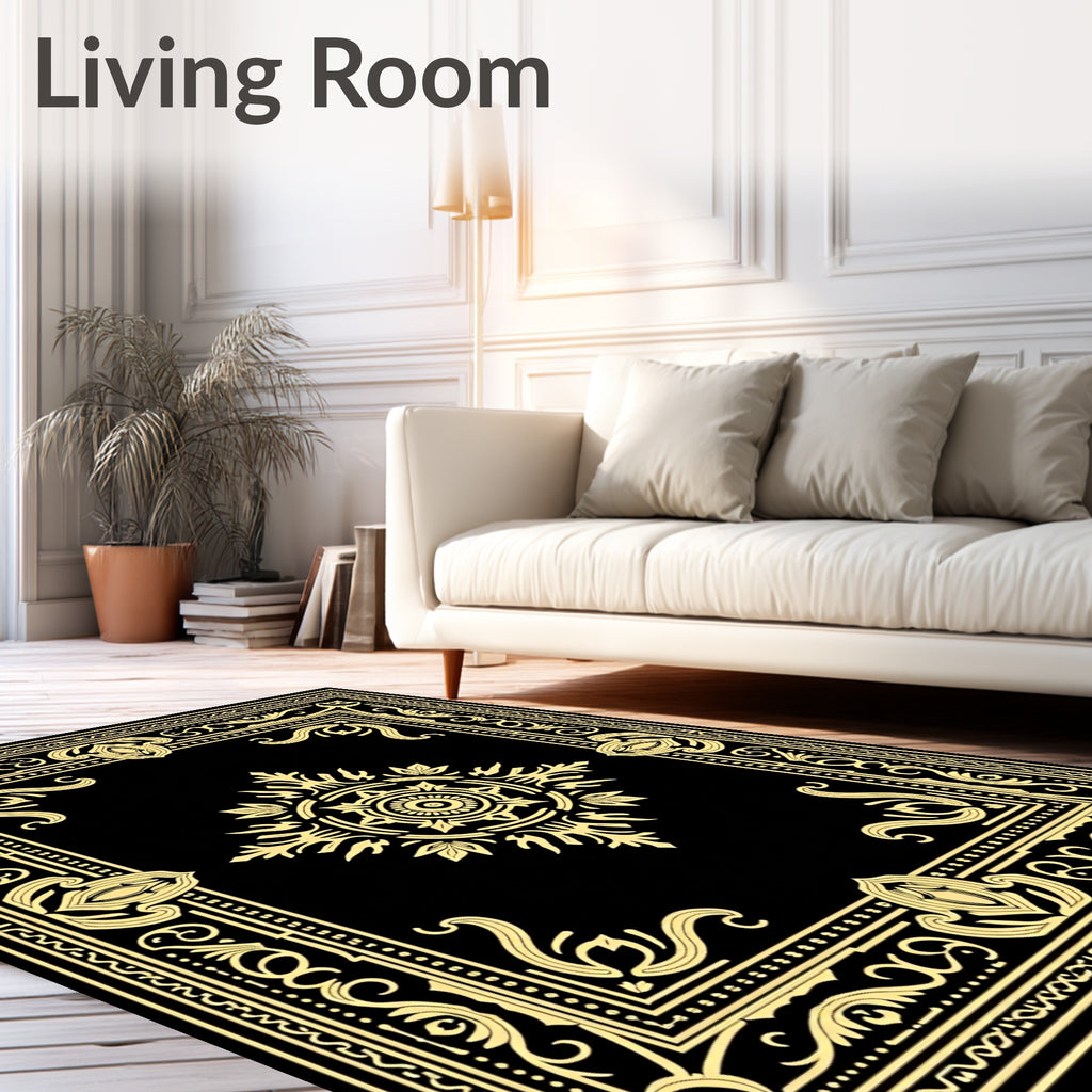 Black Gold Ornate Floral Medallion Rug