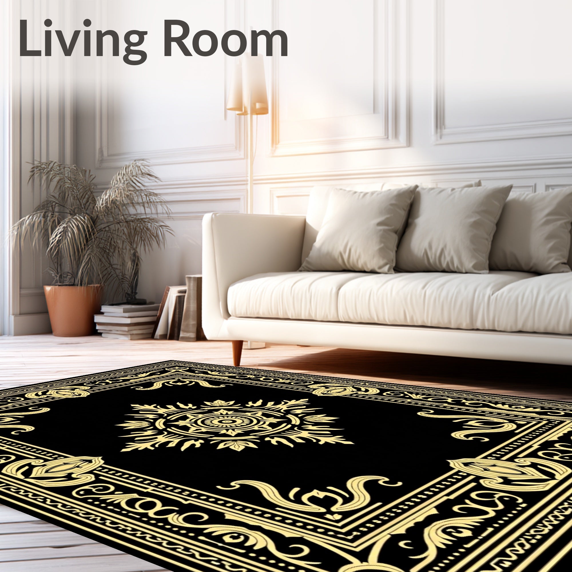 Black Gold Ornate Floral Medallion Rug