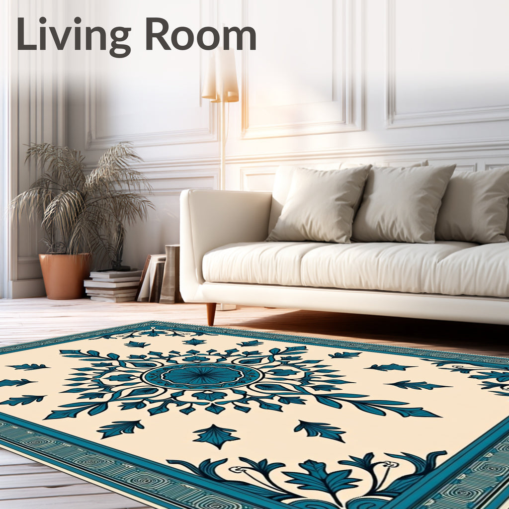 Cream Teal Floral Mandala Rug