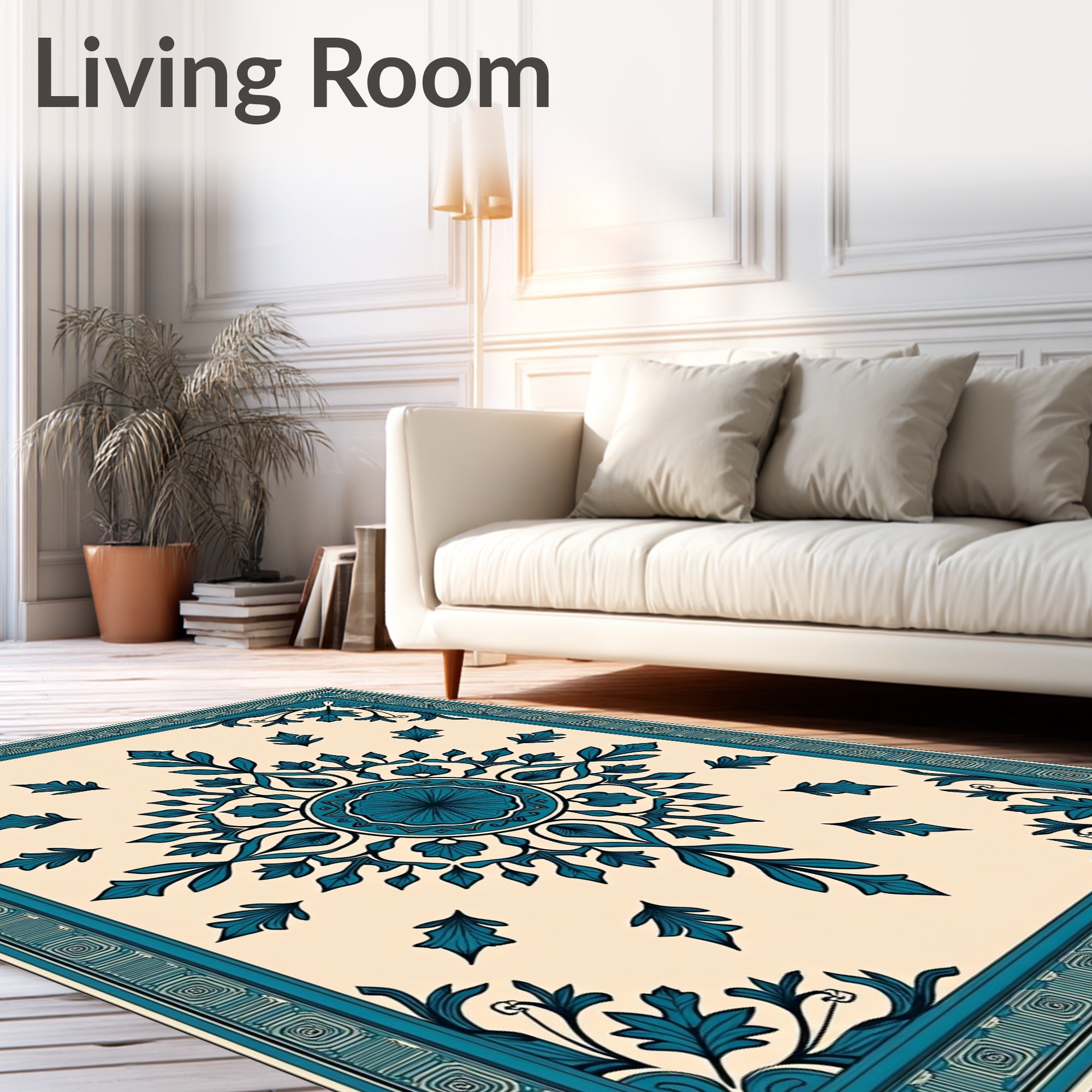 Cream Teal Floral Mandala Rug