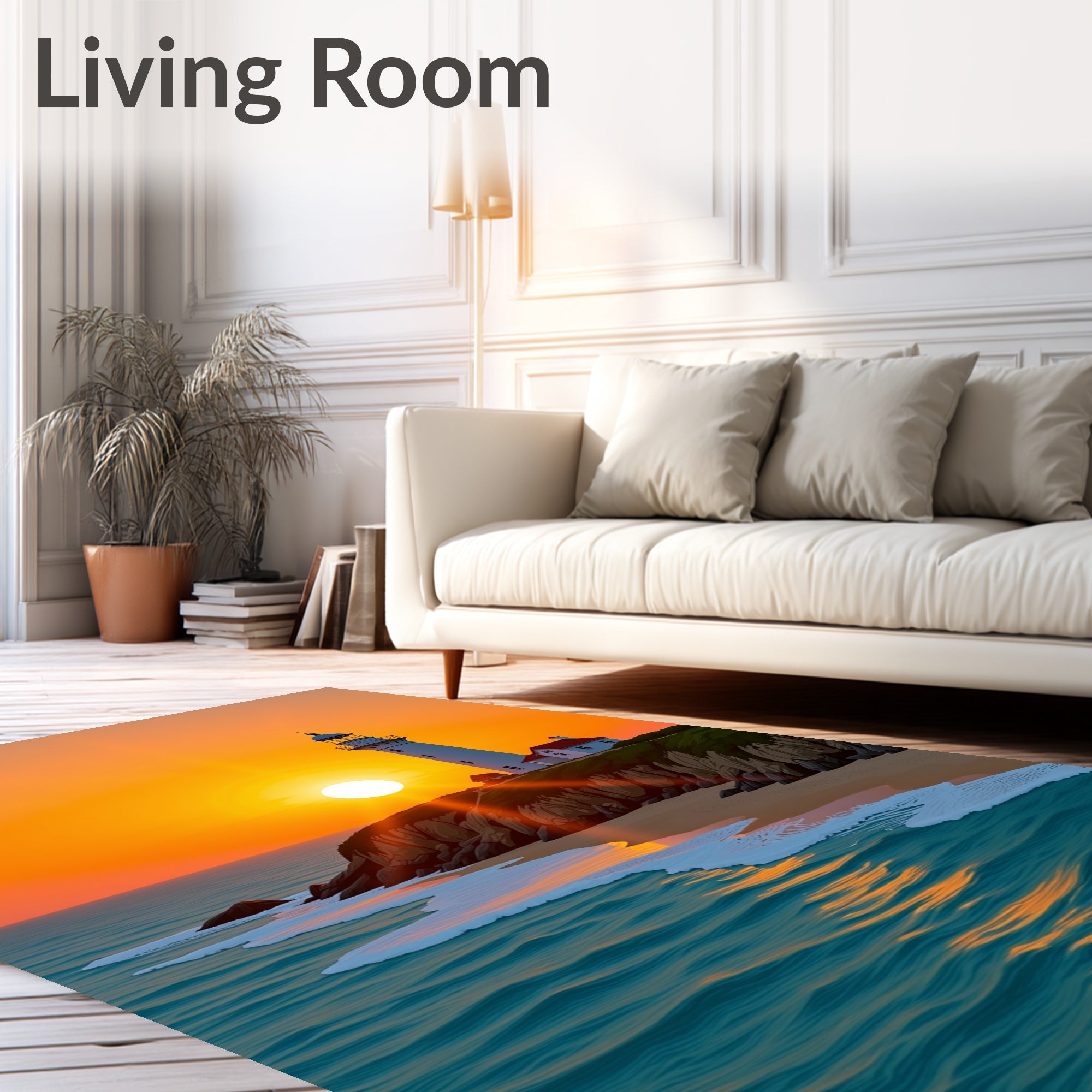 Coastal Sunset Serene Lighthouse Ocean Rug
