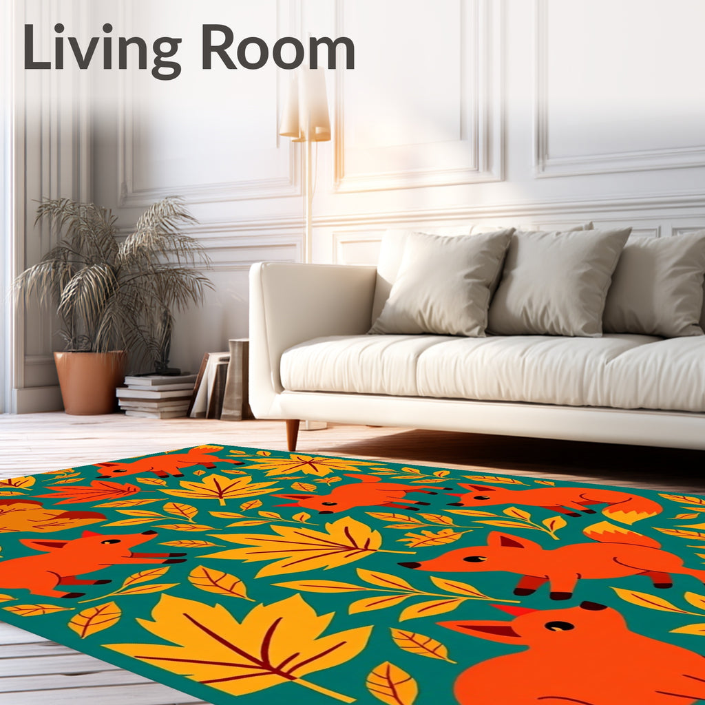 Playful Orange Fox Autumn Leaves Teal Rug