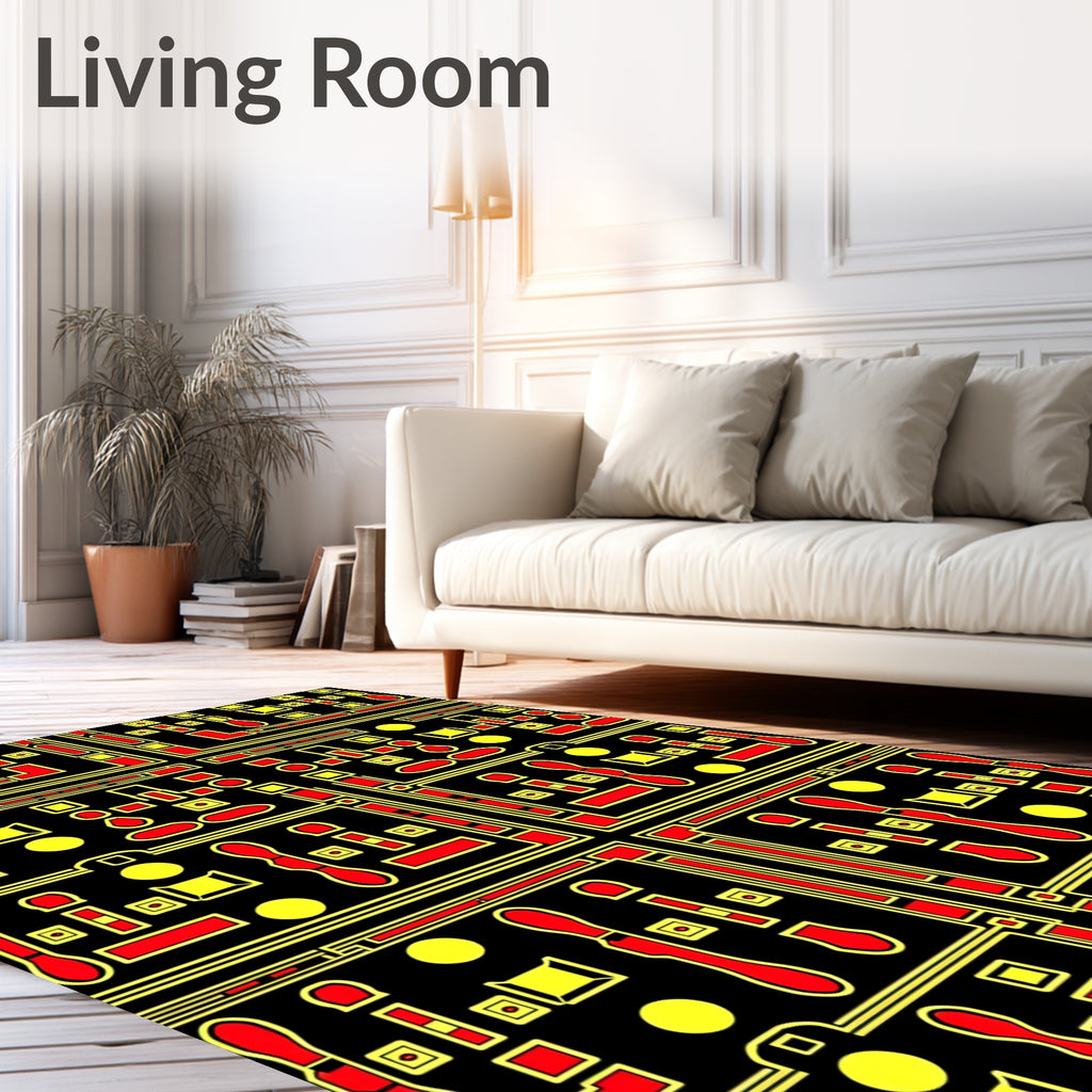 Retro Red Yellow Geometric Circuit Rug
