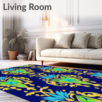 Ornate Blue Green Yellow Floral Medallions Rug
