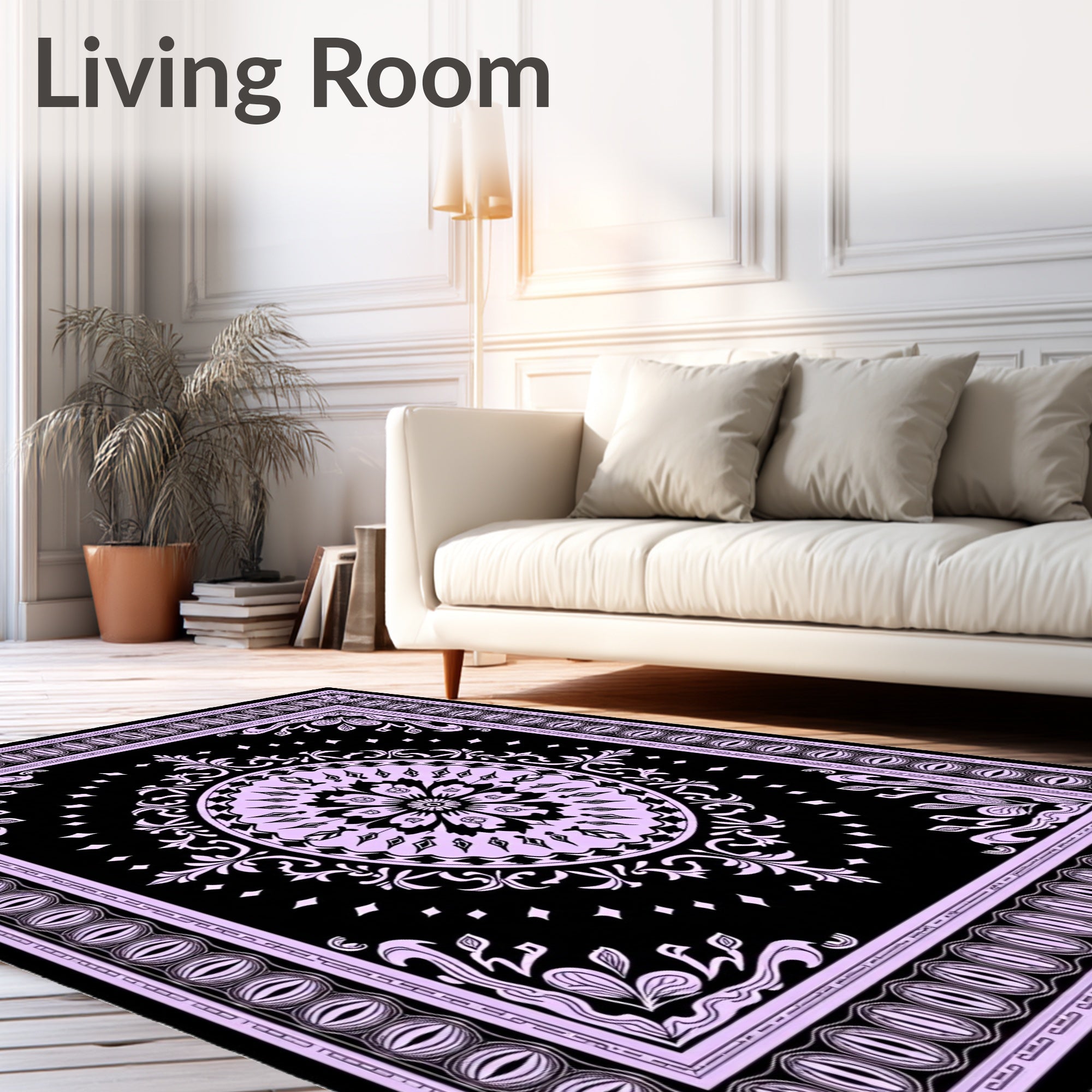Lavender Floral Mandala Black Rug